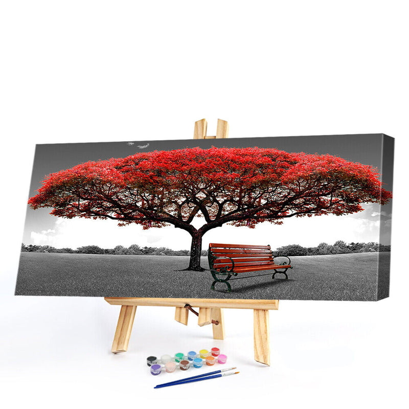Red Tree Bench Oil Paint By Numbers Kits DIY Handpainted on Canvas Wall Pictures