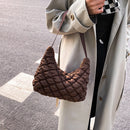 Women Solid Color Zipper Shoulder Bag Grid Pattern Mini Shopping Underarm Bag