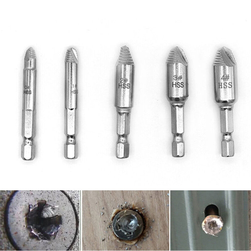 5pcs Damaged Screw Extractor Drill Bit Set Broken Bolt Remover + Drill Chuck