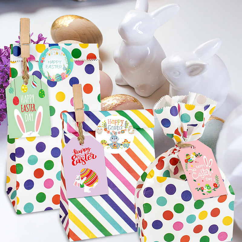 Easter Paper Bag 24 Sets Wrapped Treat Bag with Stickers Clips 10m Ropes