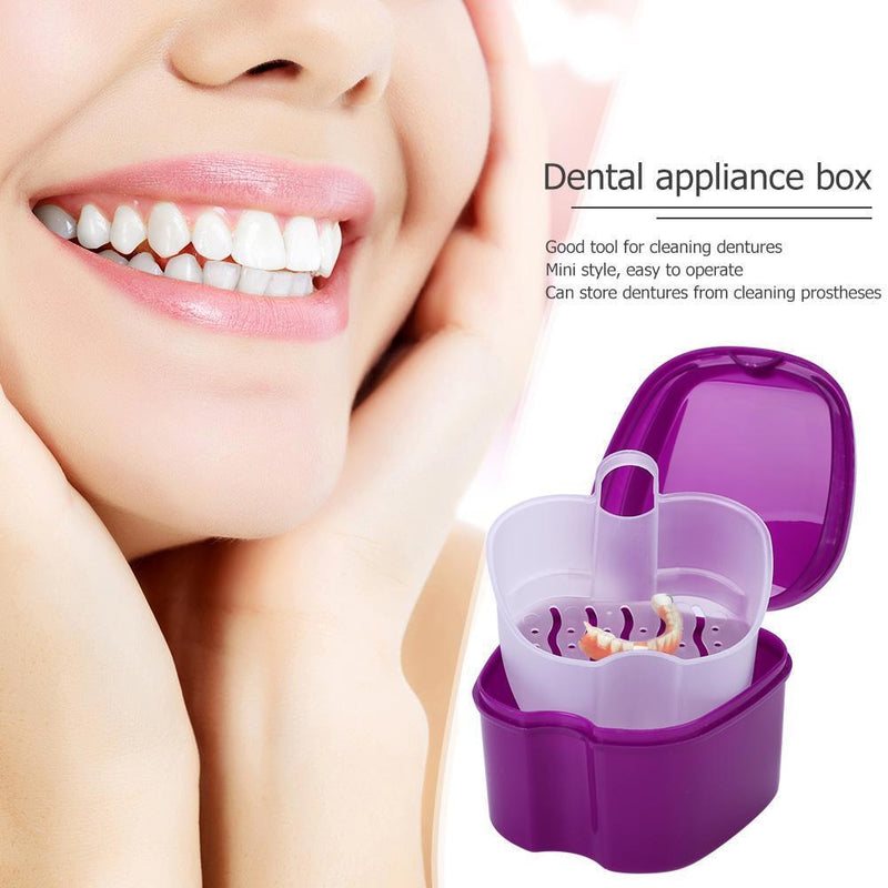 Dental False Teeth Storage Box with Hanging Net Container Organizer (Purple)