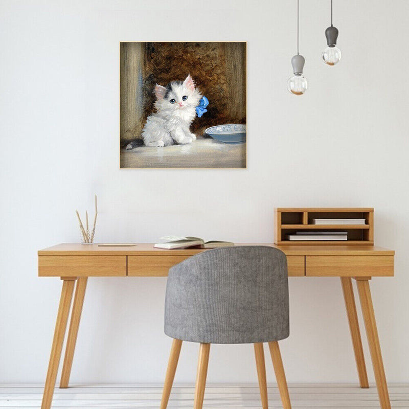 Hand Painted on Canvas DIY Cute White Cat Oil Paint By Numbers Drawing Kit Craft