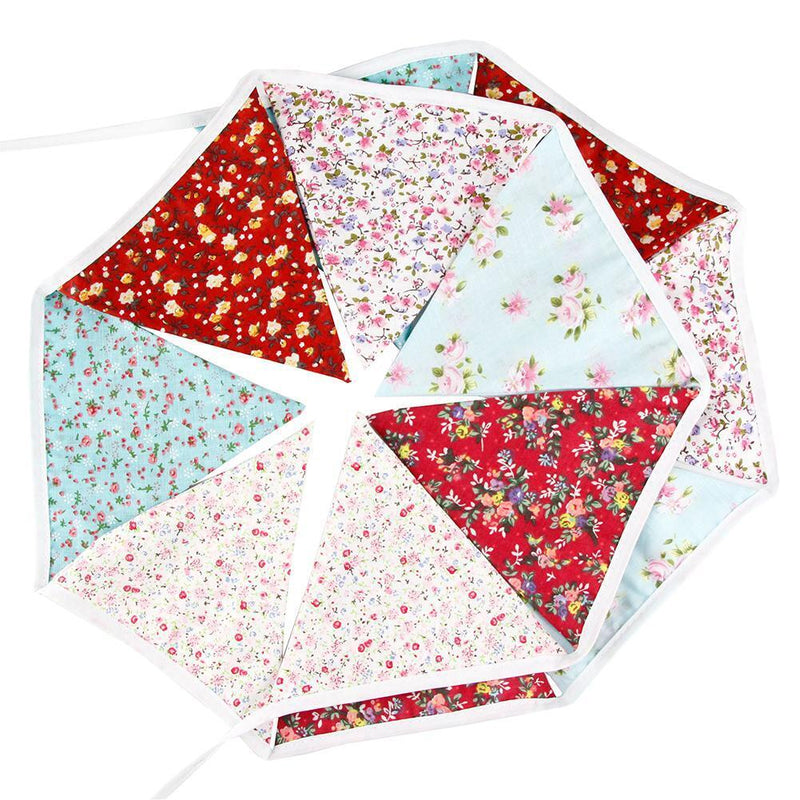 12 Flags Red Pink Blue Cotton Fabric Bunting Pennant Banner Birthday Party