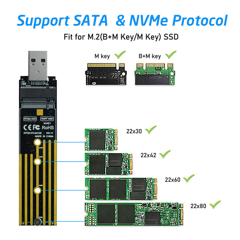 M.2 NVMe SSD to USB 3.1 Adapter Enclosure for NVME PCIE NGFF SATA M/B Key SSD