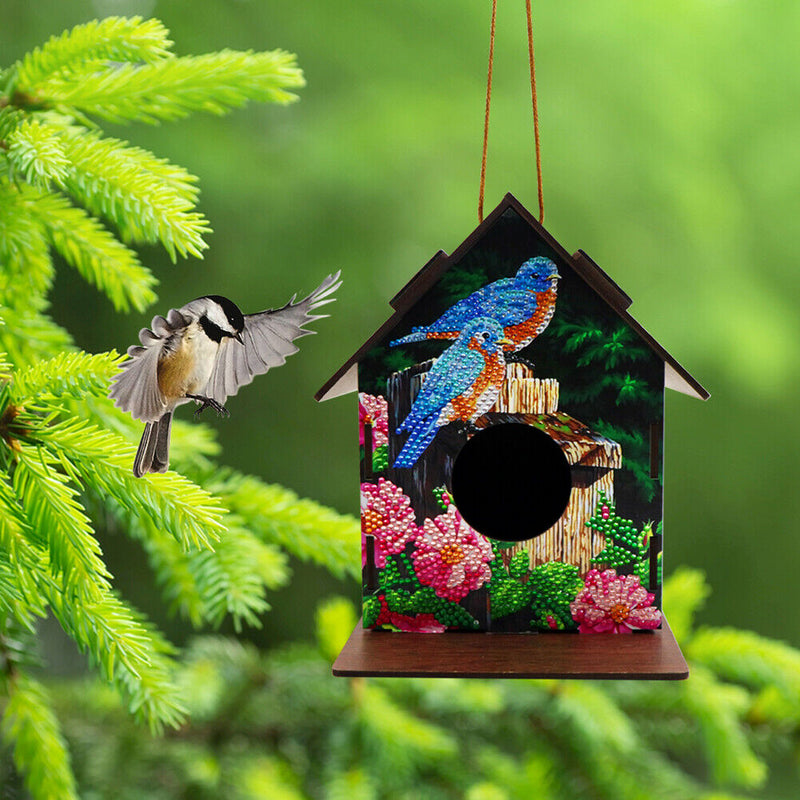 Hanging Bird House DIY Diamond Painting Wooden Bird Nest Hut Parrot Cage Shelter