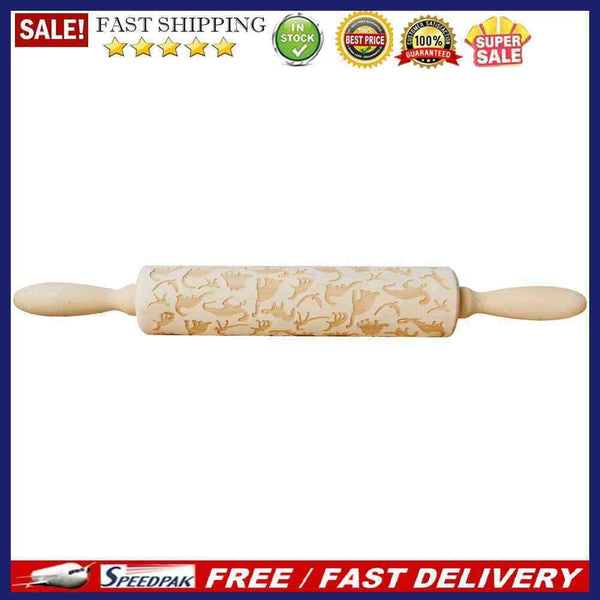 Wood Dinosaur Embossing Engraved Rolling Pin for DIY Baking Cookies Noodle