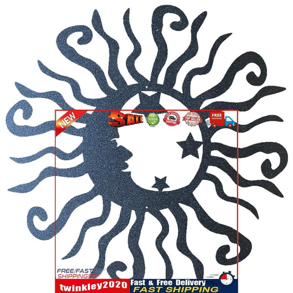 Wall Art Sun Moon Stars Decor Metal Sculpture for Indoor Outdoor (Black) Newly