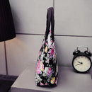 Lovely Flower Printed Female Bags Canvas Handbag Portable Lunch Bag(Black)