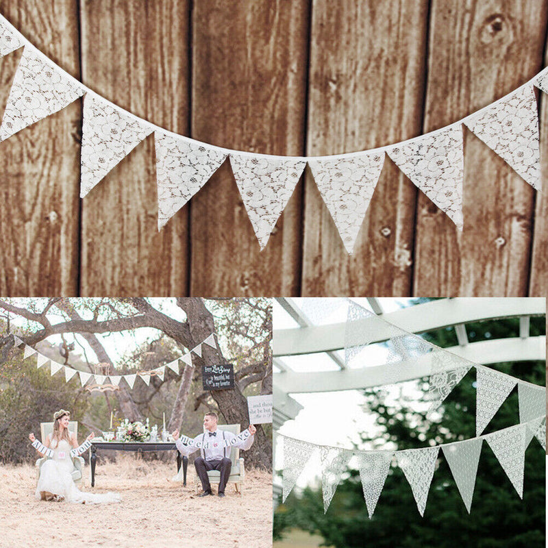 12 Flags 3.2m White Lace Flower Party Wedding Pennant Bunting Banner Decor
