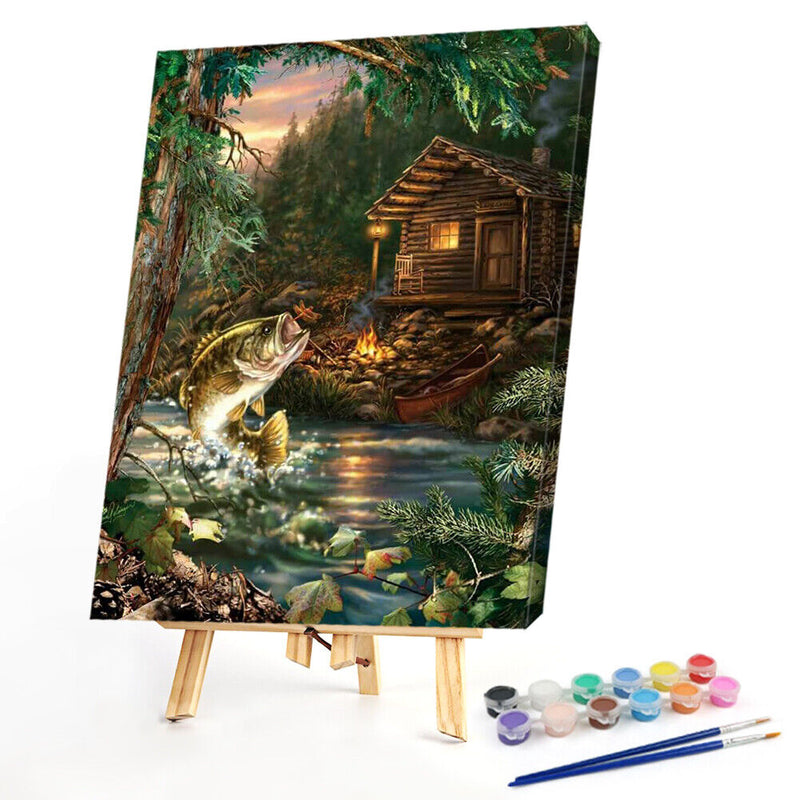 Cabin River Fish Canvas Paint By Numbers Oil Hand Painted Home Drawing Kit