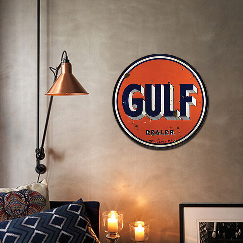 GULF Letter Metal Tin Painting Retro Round Tin Plate for Cafe Garage Decoration