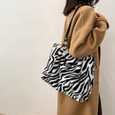 Women Fashion Zebra Stripes Cow Print Shoulder Bags Winter Plush Shopping Bag