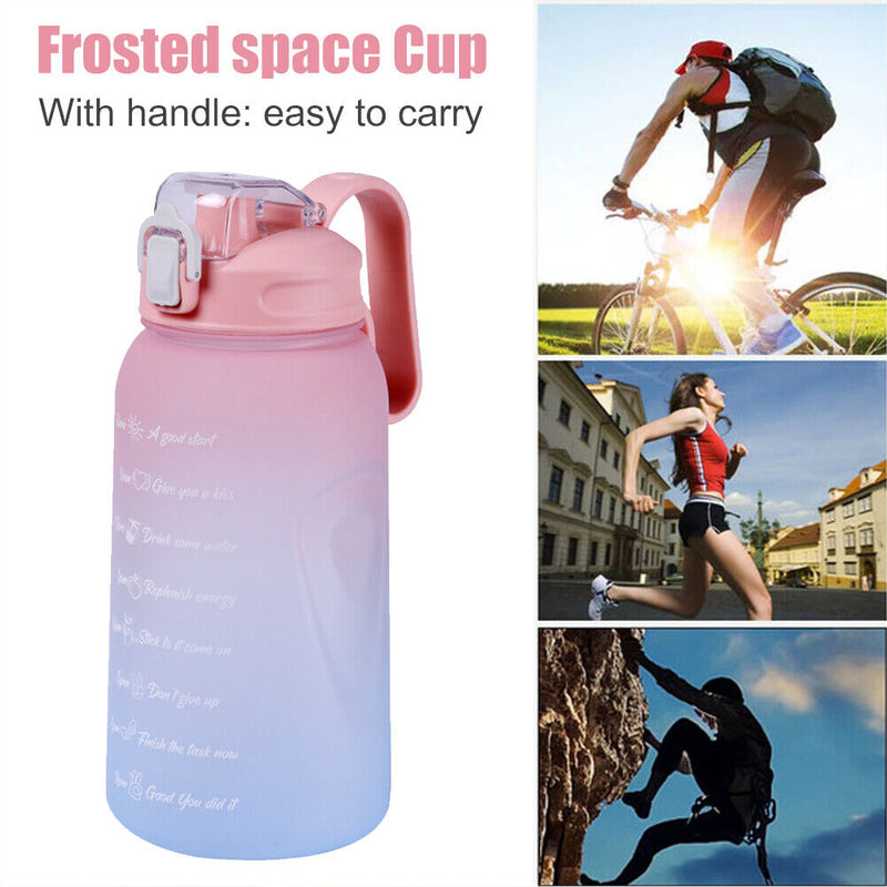 2L Water Bottle Straw Cup Time Marker Sports Drinking Fitness Jugs (Pink) Newly