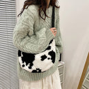 Female Fluffy Fashion Cow Pattern Shoulder Bag Autumn Winter Phone Bag Handbag