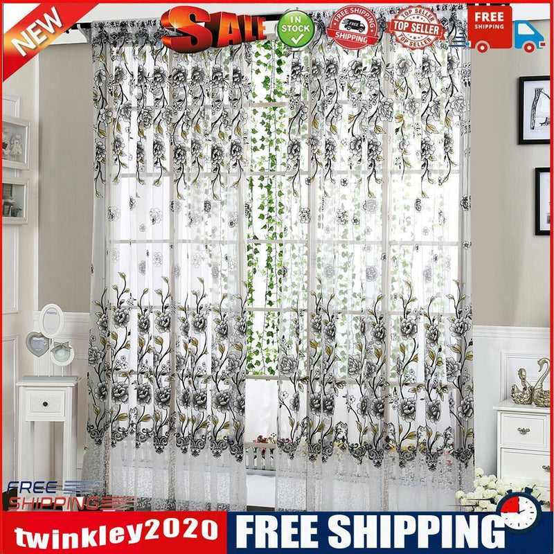 2PCS Peony Curtain Living Room Bedroom Home Door Window Curtain (Grey)