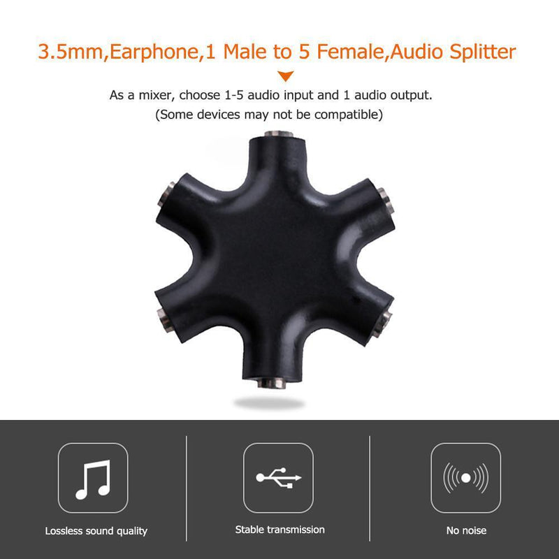 3.5mm Earphone Headphone Audio Splitter 1 Male to 5 Female Adapter (Black) Newly