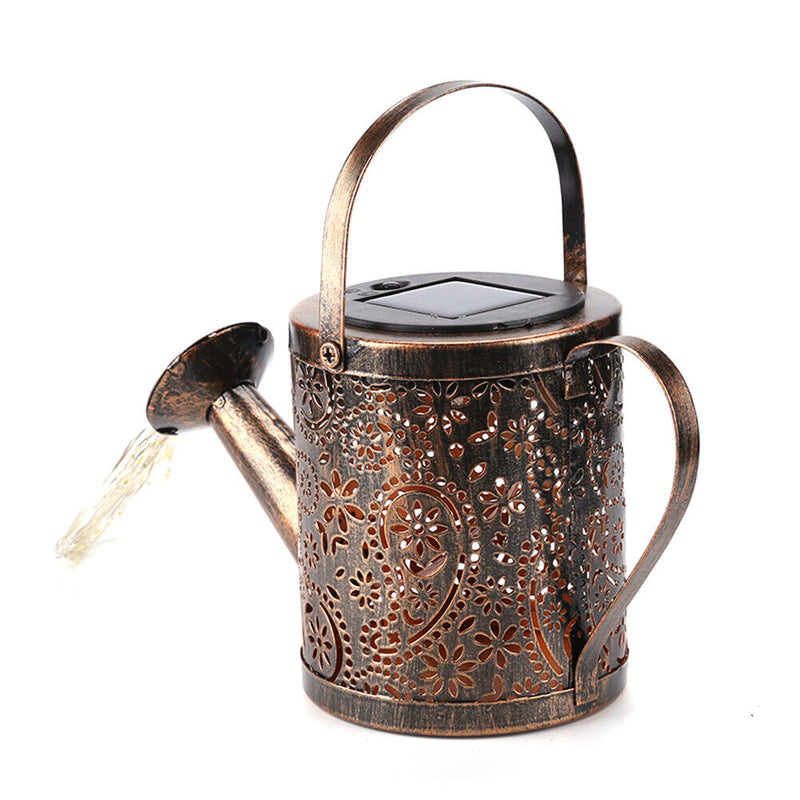 LED Solar Kettle Light Wrought Iron Hollow Flower Water Can Fairy Lamp (B) Newly
