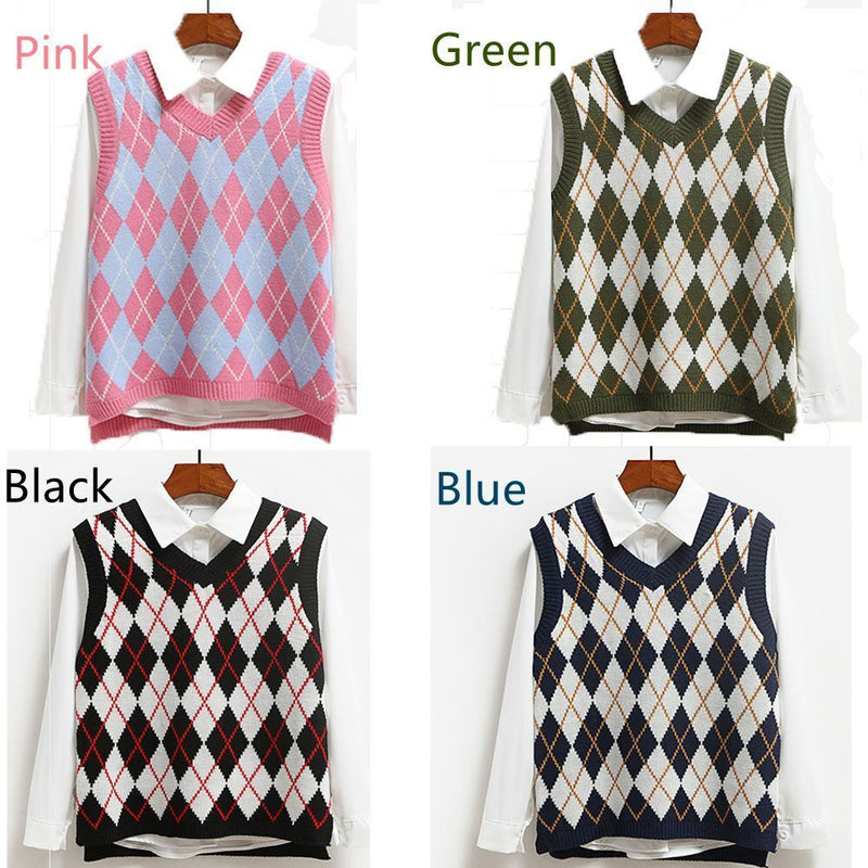 Y2K Preppy Style V Neck Knitwear top Plaid Knitted Sweater Vest Sleeveless