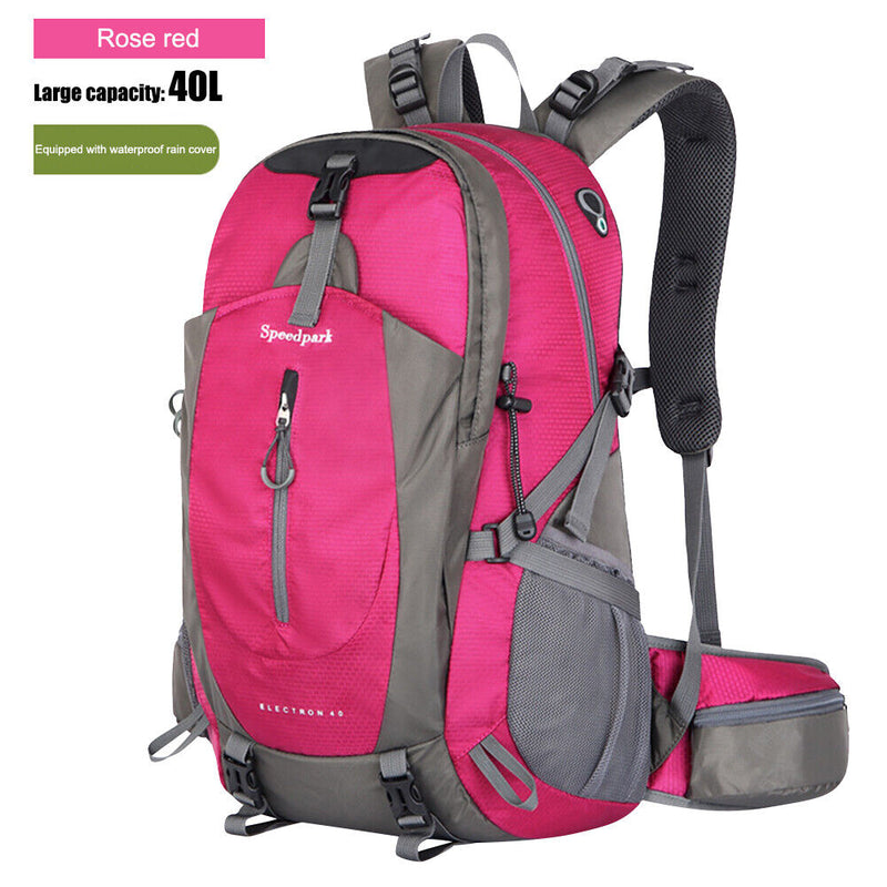 40L Waterproof Travel Cycling Camping Backpack with Rain Cover (Rose Red) Newly