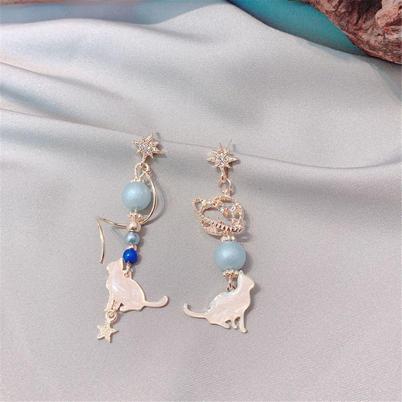 Elegant Jewelry Sweet Starlight Asymmetric Earrings Cute Cat Rhinestone Tassel