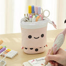 Retractable Milk Tea Pencil Case Stationery Storage Pen Holder (Pink) Newly
