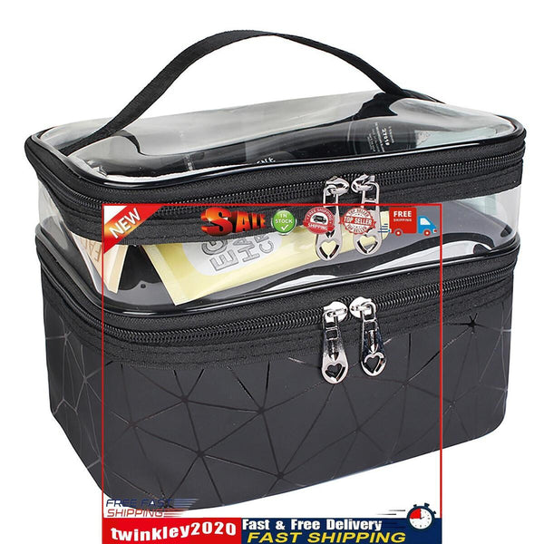 Double Layer Travel Makeup Bag Waterproof Portable Cosmetic Bag (Black) Newly