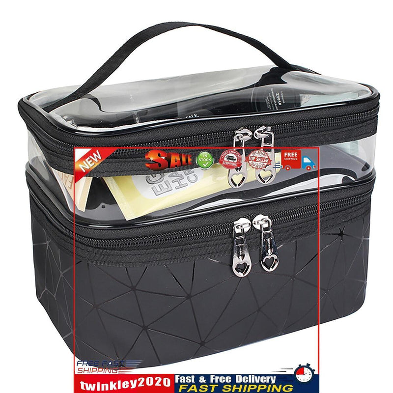 Double Layer Travel Makeup Bag Waterproof Portable Cosmetic Bag (Black) Newly