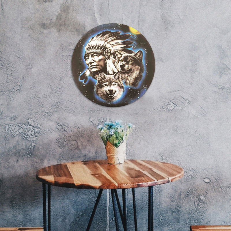 Round Metal Tin Sign Plaque Wall Old Man Wolf Posters Iron Art Painting