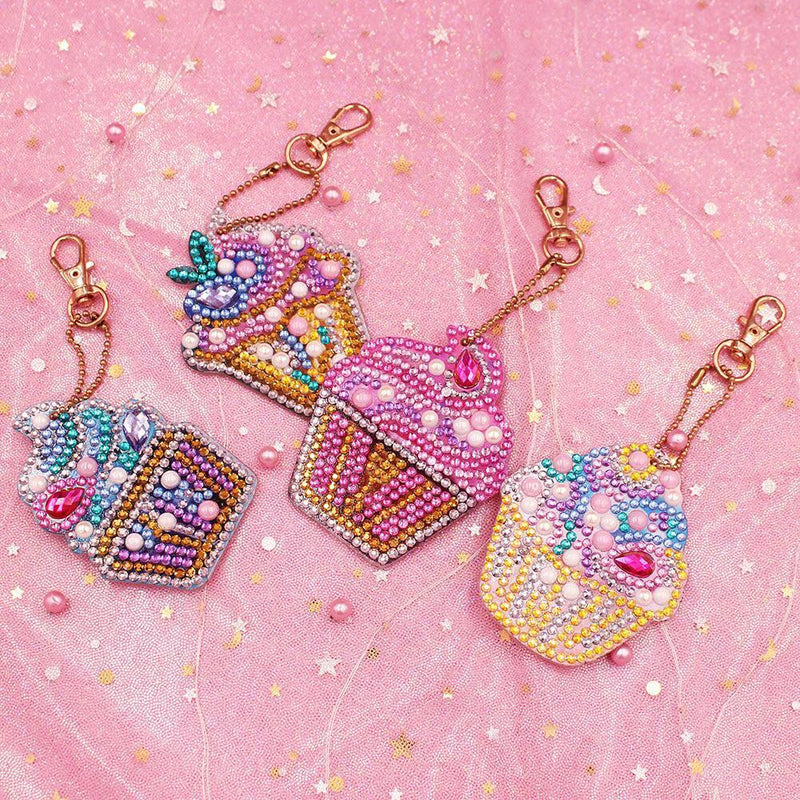 4pcs/set DIY Diamond Painting Keychain Full Drill Rhinestone Cake Shape Pendant