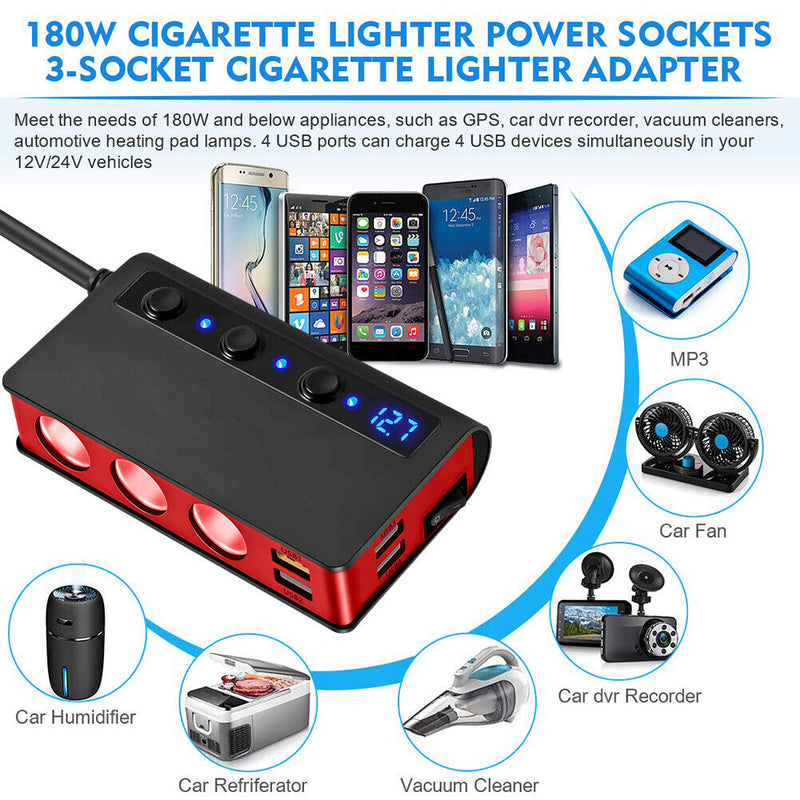 QC3.0 Cigarette Lighter 3 Socket 180W Power Adapter USB Car Charger (Red) Newly
