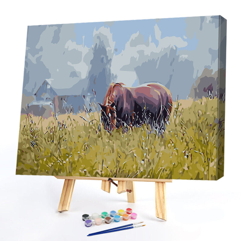 DIY Oil Painting By Numbers Kit Horses Eat Grass Hand Painted Picture Home Decor