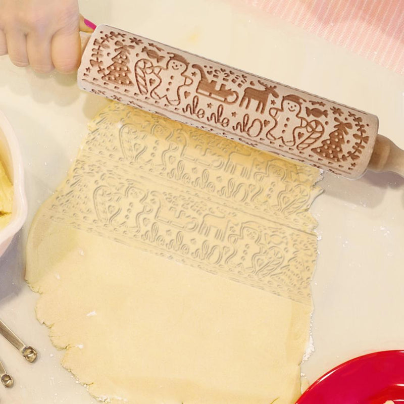 Wooden Elk Print Embossed Rolling Pins Embossing Baking Cookies Kitchen Too