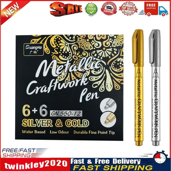 12pcs DIY Metallic Craftwork Pen Waterproof Kid Stationery (6Gold+6Silver) Newly