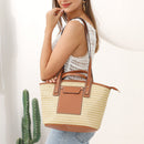 Straw Tote Handbag Woven Handmade Beach Basket Leather Women Vacation Purses