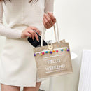 Fashion Linen Tote Handbag Women Pompom Shoulder Shopping Lunch Bag (White)