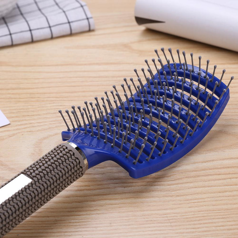 Plastic Nylon Anti-Static Hair Brush Curved Row Scalp Massager Comb (Blue) Newly