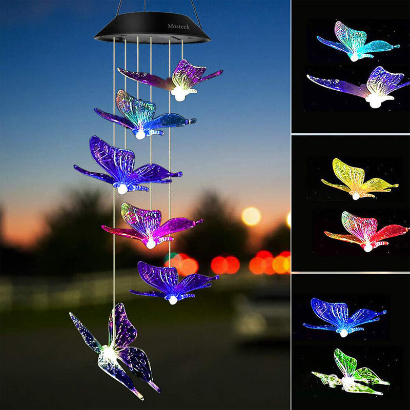 LED Solar Wind Chime Butterfly Light Color Changing IP65 Hanging Lamp (C) Newly