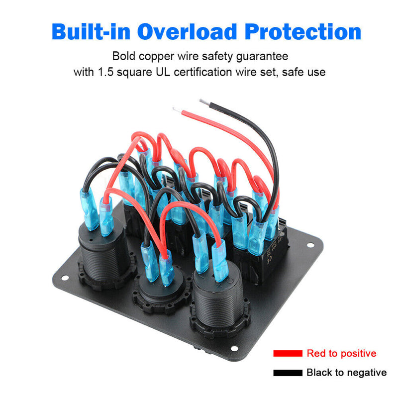 4 Gang Rocker Switch Panel Outlet Combination Switch (Blue Digital Display)