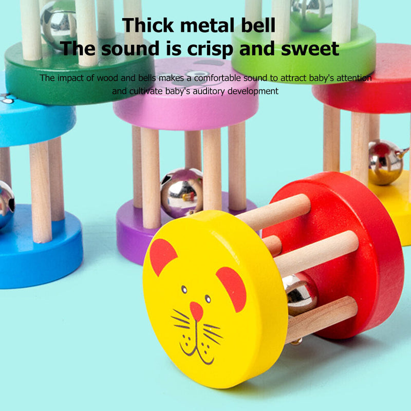 Baby Wooden Rattle Kids Early Education Cartoon Music Toys Infant Handbell Newly