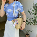 Summer Straw Woven Silk Scarf Messenger Bag Casual Women Vacation Large Handbags