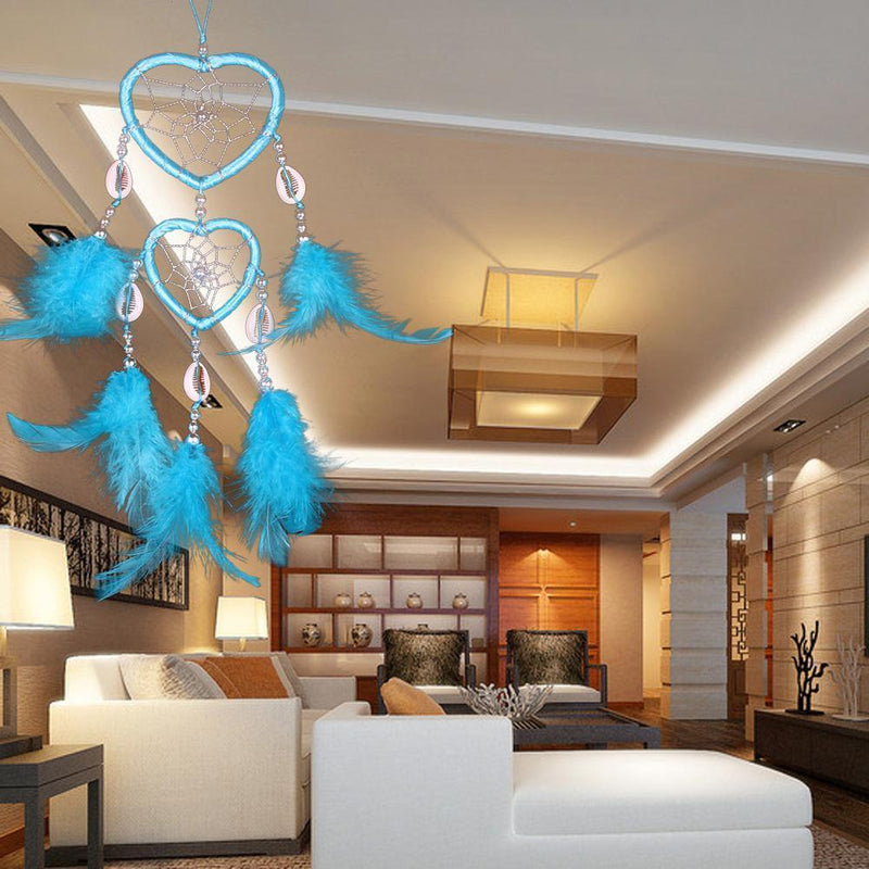 2 Circle Heart Shape Handmade Dream Catcher with Feathers Decor Craft Blue Newly