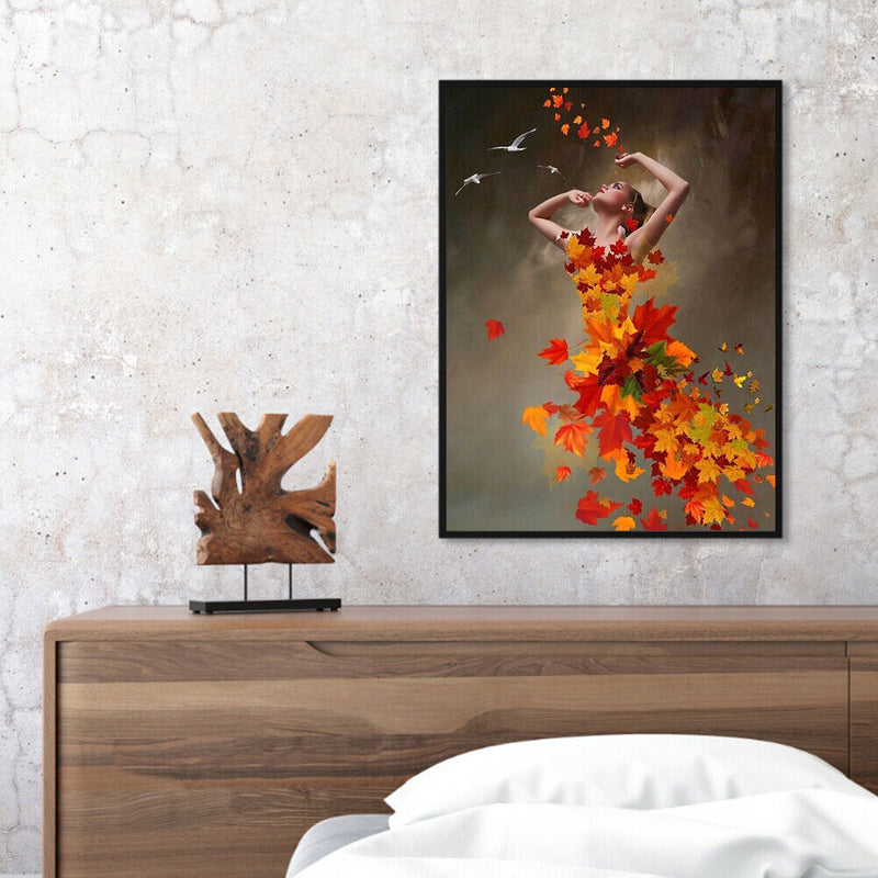 Hand Painted on Canvas DIY Maple Leaf Girl Oil Paint By Numbers Drawing Kit