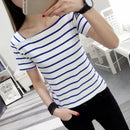 Stripe Print T-shirts Women Summer Square Collar Patchwork Short Sleeve Tops