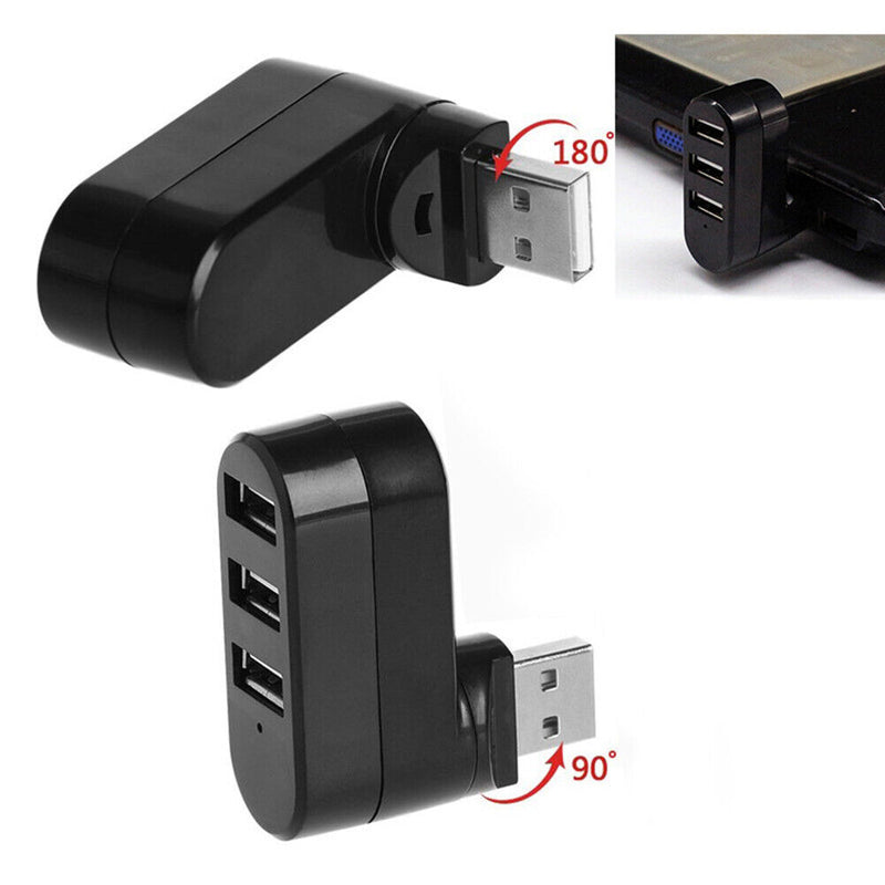 Mini Rotatable 3 Port USB Hub U Disk Reader Splitter for PC (USB 2.0 Black)
