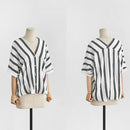 Stripe Loose Bat Short Sleeve T-shirt V-Neck Button Women Blouse (Black XL)