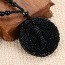Mens Women Reiki BaGua Dragon Phoenix Carved Lucky Pendant Obsidian Necklace