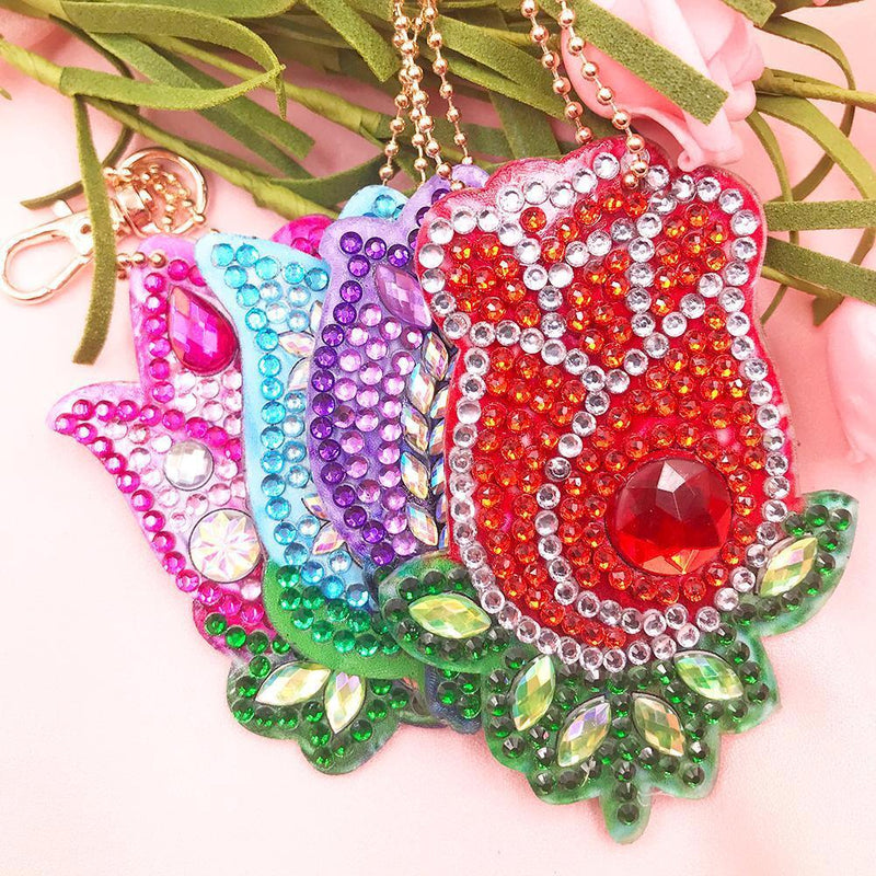 4pcs DIY Flower Full Drill Special Shaped Diamond Painting Keychain Jewelry Gift