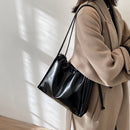 Retro PU Women Solid Color Bucket Bags Drawstring Large Capacity Shoulder Bag