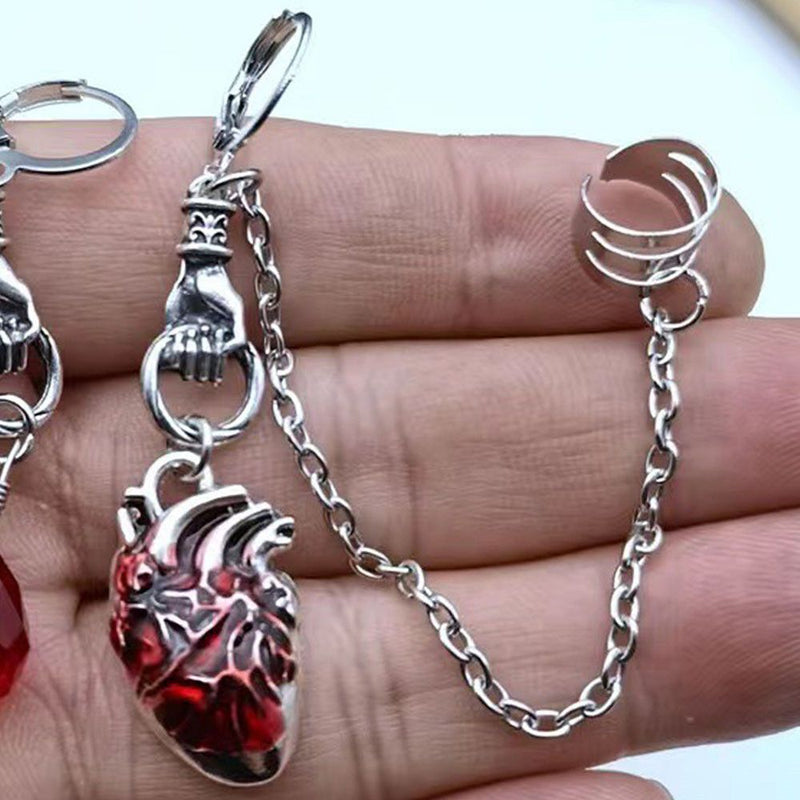 Witchy The Beating Heart Chain Ear Clip Asymmetrical Cuff Earrings Jewelry Gift