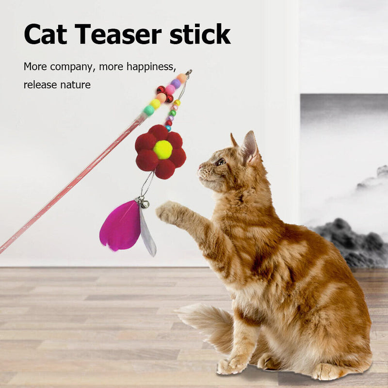 Feather Bell Flower Chaser Wand Fun Kitten Cat Teaser Rod Interactive Stick T